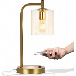 Houtiu Elizabeth Office Desk Lamp - Wireless Charging Pad and USB Port – Living Room Table Light for Midcentury, Industrial & Farmhouse Decor - Hanging Glass Shade - LED Bulb - Brass Gold Color