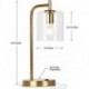 Houtiu Elizabeth Office Desk Lamp - Wireless Charging Pad and USB Port – Living Room Table Light for Midcentury, Industrial & Farmhouse Decor - Hanging Glass Shade - LED Bulb - Brass Gold Color