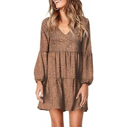 LiuZhuQin Womens Leopard Tunic Dress Lantern Sleeve V Neck Casual Loose Flowy Swing Shift Dresses S-XL