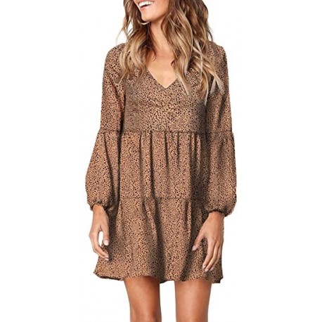 LiuZhuQin Womens Leopard Tunic Dress Lantern Sleeve V Neck Casual Loose Flowy Swing Shift Dresses S-XL