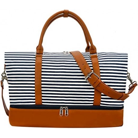 KVUSSN Travel Bag Carry on Overnight Duffel for Women, Carrying Travel Bags for Ladies, Large Canvas& PU Leather with Shoe Compartment Duffle (Black White Strips)