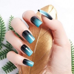 Tuvaaz 24pcs 12 Different Size Simple Gardient Blue Black Medium Length Square Full Cover False Nails with Design
