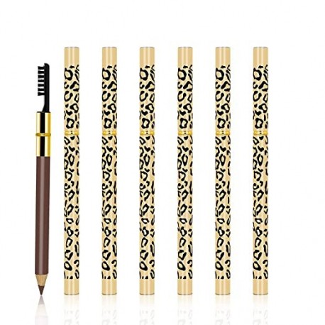 Tuvaaz 6 Pcs Eyebrow Pencil, Leopard Eyebrow Pencil Waterproof and Long Lasting Makeup Eyebrow Pencil, Double-end Design with Brush Makeup Tool Natural Looking Automatic Eyebrow Makeup -Brown