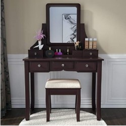 BUNDMAN anity Set with Mirror Dressing Table Vanity Makeup Table 5 Drawers/Dividers Movable Organizers,Espresso