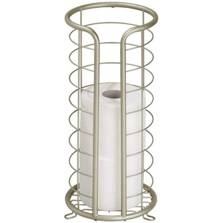 OGXOSN Decorative Metal Free Standing Toilet Paper Holder Stand with Storage for 3 Rolls of Toilet Tissue - for Bathroom/Powder Room - Holds Mega Rolls - Satin
