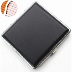 Moukel Cigarette Case King Size for Men Women Holds 20 Cigarettes Case Box Holder Black Leather Vintage Hard Metal Full Pack 84mm Regular Size 