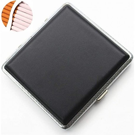 Moukel Cigarette Case King Size for Men Women Holds 20 Cigarettes Case Box Holder Black Leather Vintage Hard Metal Full Pack 84mm Regular Size 
