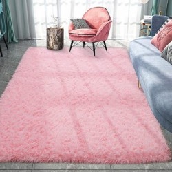 Hjdeck Fluffy Area Rugs, Pink Shag Rug for Girls Bedroom, Plush Furry Rugs for Living Room, Fuzzy Carpet for Kids Room, Home Decor, 5 x 8 Feet