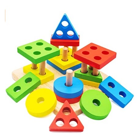 QJYAMK Wooden Educational stacking Toys for 1 2 3 Year Old, Montessori stacking Toys for Toddlers, 5.7 inches Wooden Shape Color Sorting Preschool Stacking Blocks Toddler Puzzles Toys for Boys& Girls