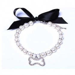 imeux Dog Cat Pearls Necklace Collar Bling Accessories Ribbon Bone Charm Pendant Pet Puppy Jewelry 