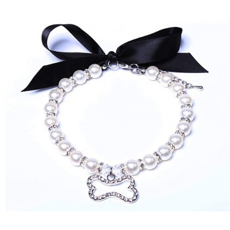 imeux Dog Cat Pearls Necklace Collar Bling Accessories Ribbon Bone Charm Pendant Pet Puppy Jewelry 