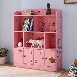 VeinSpeed Kids Large Bookcase with DIY Sticker Book and Toy Storage Organizer Bookshelf with 4 Layers and Doors for Girls Boys Bedroom (Pink)