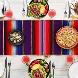 KUANZHAI Serape Table Runner 14 x 84 Inch for Mexican Party Wedding Decorations Outdoor Picnics Dining Table, Fringe Cotton Handwoven Table Runners
