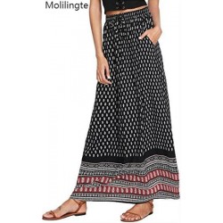 Molilingte Women's Boho Vintage Print Pockets Side A Line Maxi Skirt