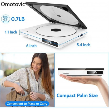 Omotovic Super Mini CD DVD Player with Built-in Speaker, HDMI AV Output Portable Palm-Size DVD CD Player All Region Free, HD 1080P, USB Supported, HDMI/AV Cables Included