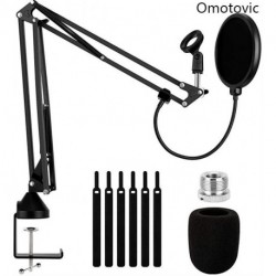 Omotovic Heavy Duty Microphone Arm Stand, Adjustable Suspension Boom Scissor Mic Stand with Dual Layered Mic Pop Filter, 3/8" to 5/8" Screw Adapter Clip for Blue Yeti Snowball, Yeti Nano, Yeti x and other Mic