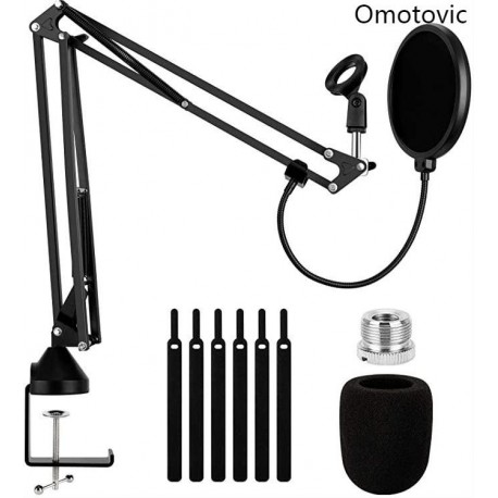 Omotovic Heavy Duty Microphone Arm Stand, Adjustable Suspension Boom Scissor Mic Stand with Dual Layered Mic Pop Filter, 3/8" to 5/8" Screw Adapter Clip for Blue Yeti Snowball, Yeti Nano, Yeti x and other Mic