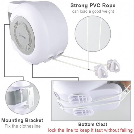 Doern  Clothesline,Retractable Clothesline, Wall-Mounted Portable Easy Installation Washing Lines Rope (98FT White)