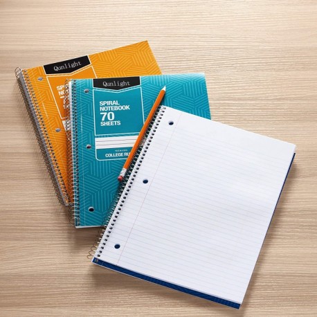 Qunlight College Ruled Wirebound Spiral Notebook, 70 Sheet - 5-Pack, Assorted Sunburst Pattern Colors