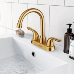 Xudaii 2 Handle Bathroom Faucet Gold, 4 Inch Gold Bathroom Sink Faucet Centerset with Lift Rod Drain Stopper and Supply Hoses