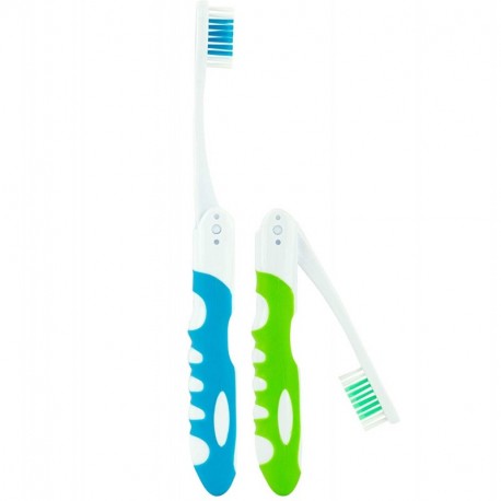 VUBOJO Travel Toothbrush, Folding with Built in Cover, Hiking, Camping, Emergency , Packable, collapsable, Foldable, Pocket Medium Bristle Brushes (2 Pack) (Blue-Green)
