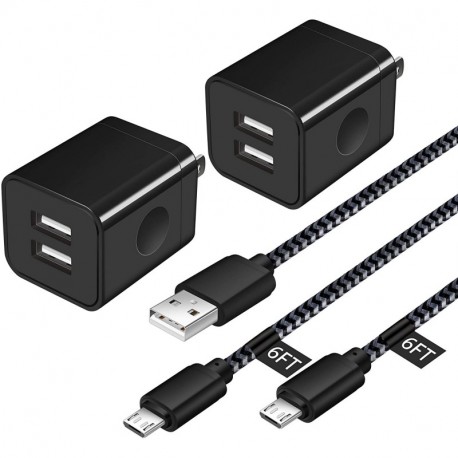 RTZHGU Android Charger , Micro USB Cable [2 Pack/6FT] with 2-Pack Dual Port USB Wall Charger Fast Charging Compatible with Samsung Galaxy S7 S6 J8 J7 Note 5,Kindle,LG,PS4,Camera (Black)