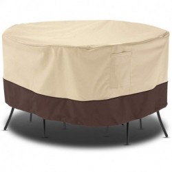 DCGYBH Outdoor Furniture Set Cover, Patio Waterproof Table and Chair Cover, Heavy Duty Large Veranda Round Dining Table Cover with Air Vent, Weather Resistant, 94" Dia, Beige & Brown