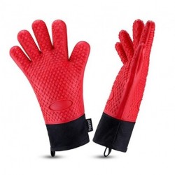 Yearvot Oven Gloves, Heat Resistant Cooking Gloves Silicone Grilling Gloves Long Waterproof BBQ Kitchen Oven Mitts with Inner Cotton Layer for Barbecue, Cooking, Baking -Red